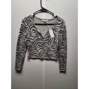 Antistar Gray Zebra Print Long Sleeve Fleece Crop V Neck Sweater Size S